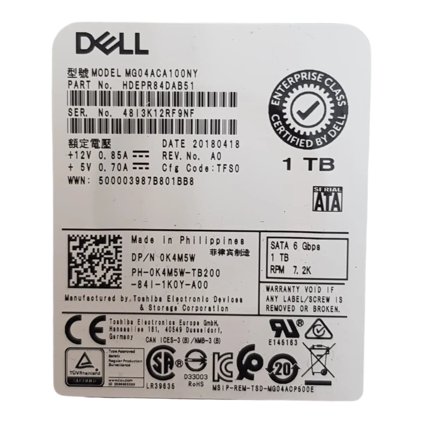 Dell 1TB 7200RPM SATA 6Gb/s 3.5" Hard Drive (0K4M5W, HDEPR84DAB51) – Enterprise Certified, No CD