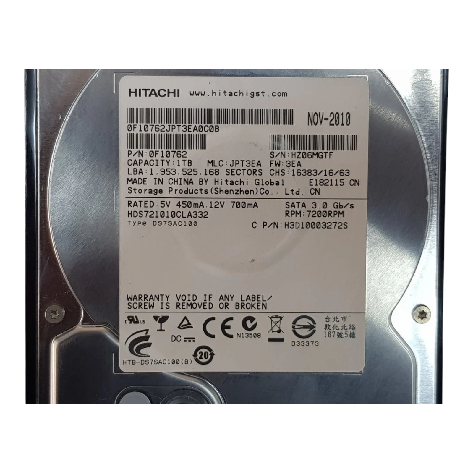 Hitachi 1TB 7200RPM SATA 3.5" Desktop Hard Drive – 0F10762 HDS721010CLA332