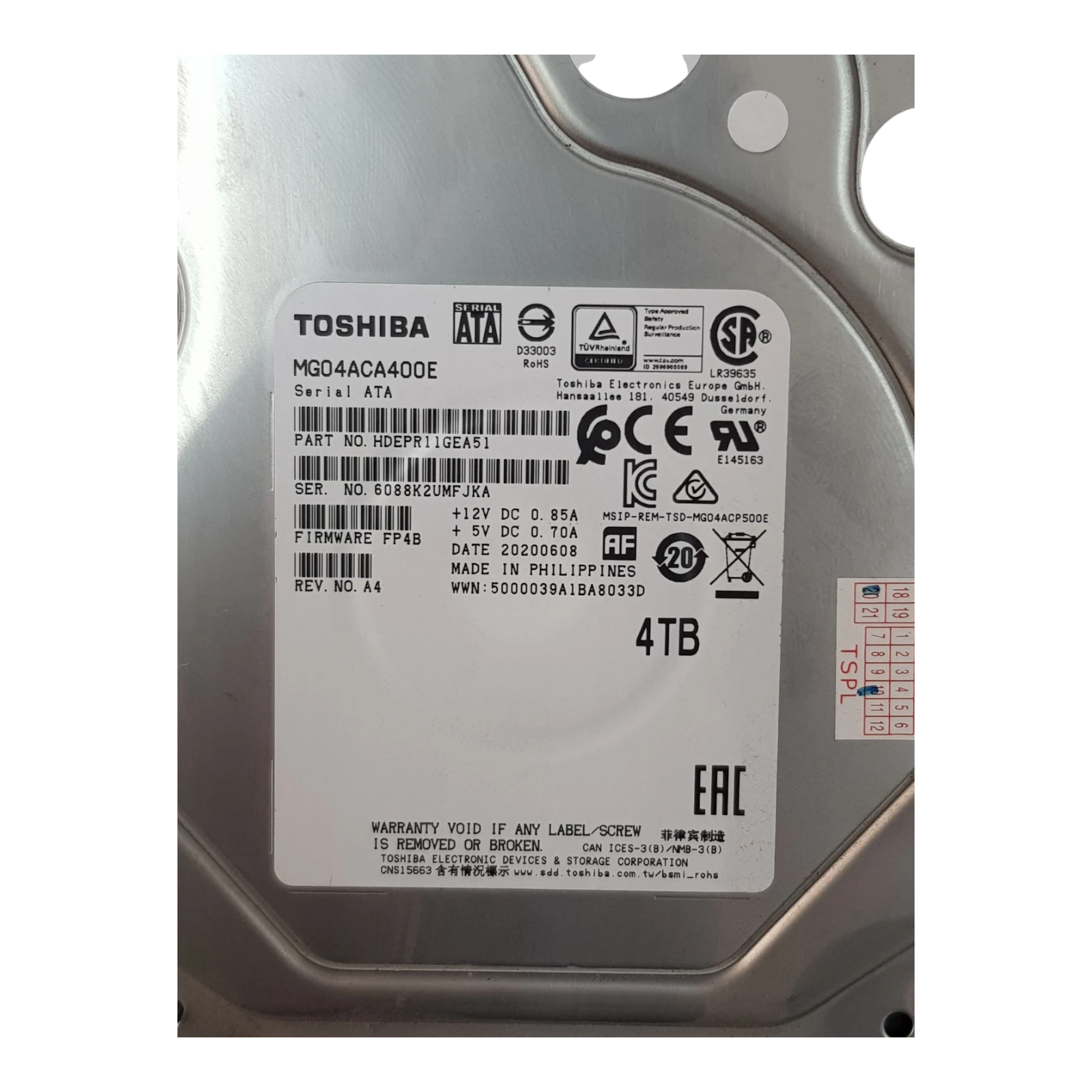 Toshiba 4TB 3.5" SATA Enterprise HDD – MG04ACA400E (P/N HDEPR11GEA51) w/o caddy