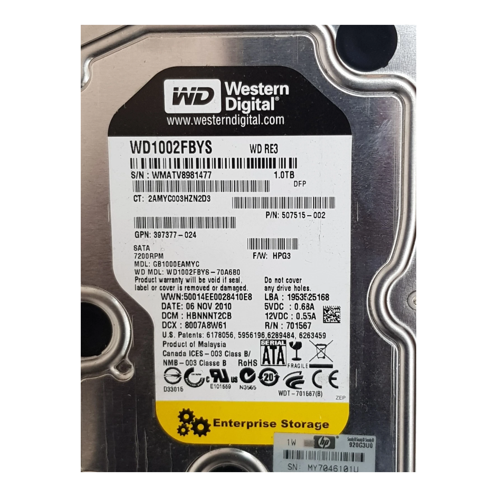 HP/Western Digital 1TB 3.5" SATA HDD – WD1002FBYS-70A680 / 507515-002, 7200RPM Enterprise Hard Drive
