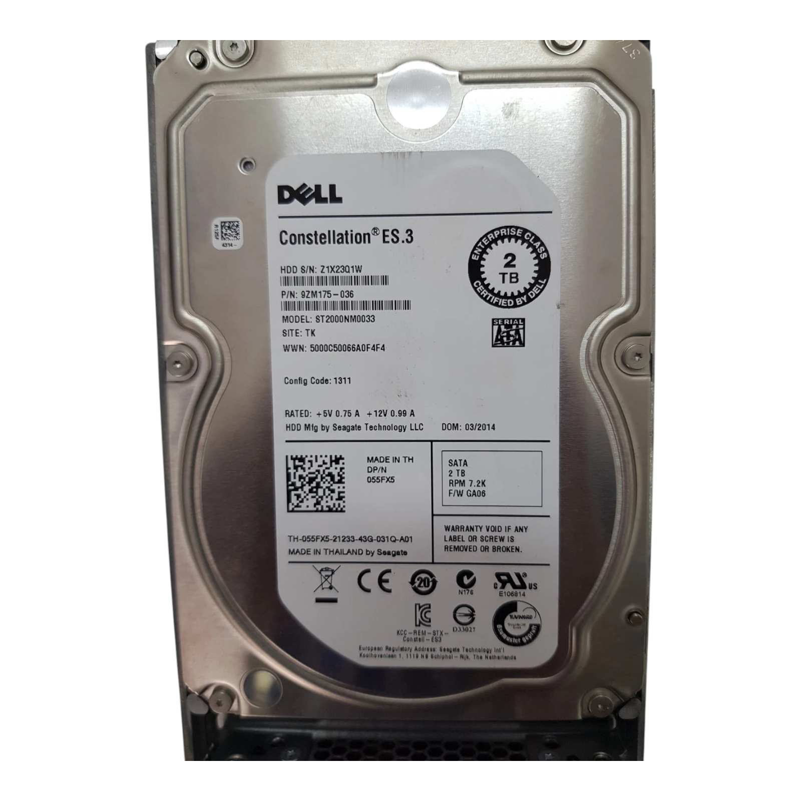 Dell 055FX5 2TB 7200RPM SATA 6Gb/s 3.5" Enterprise Hard Drive – ST2000NM0033 Constellation ES.3 (No Caddy)