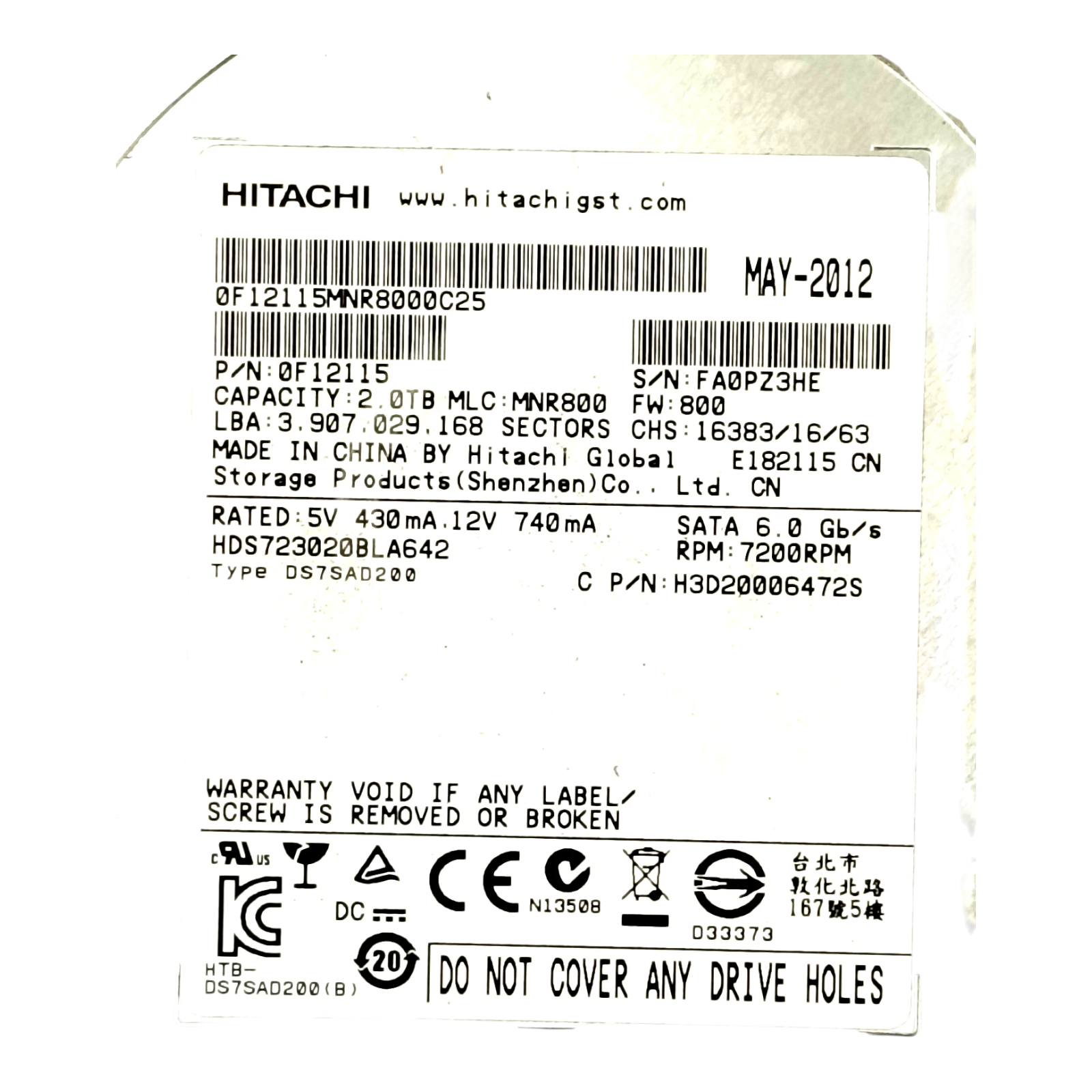 Hitachi 2TB 7200RPM SATA HDD – HDS723020BLA642 / 0F12115 3.5" Internal Hard Drive