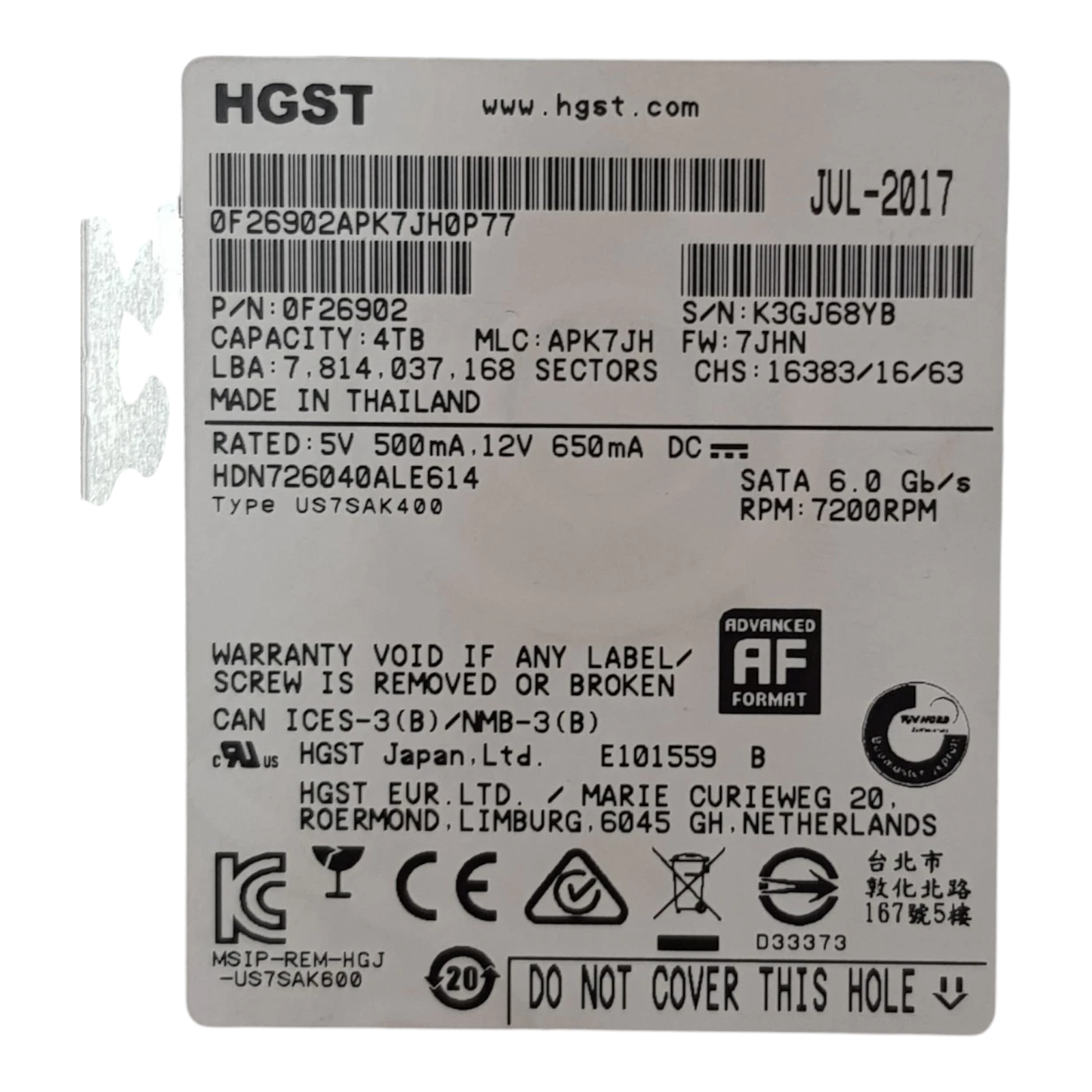 HGST 4TB 3.5" SATA HDD – HDN726040ALE614 (P/N 0F26902) 7200RPM Enterprise Hard Drive w/o caddy